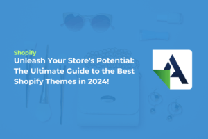 Promotional graphic for a Shopify guide titled 'Unleash Your Store's Potential: The Ultimate Guide to the Best Shopify Themes in 2024', featuring a blue overlay and various shopping icons in the background, with the Shopify logo prominently displayed.